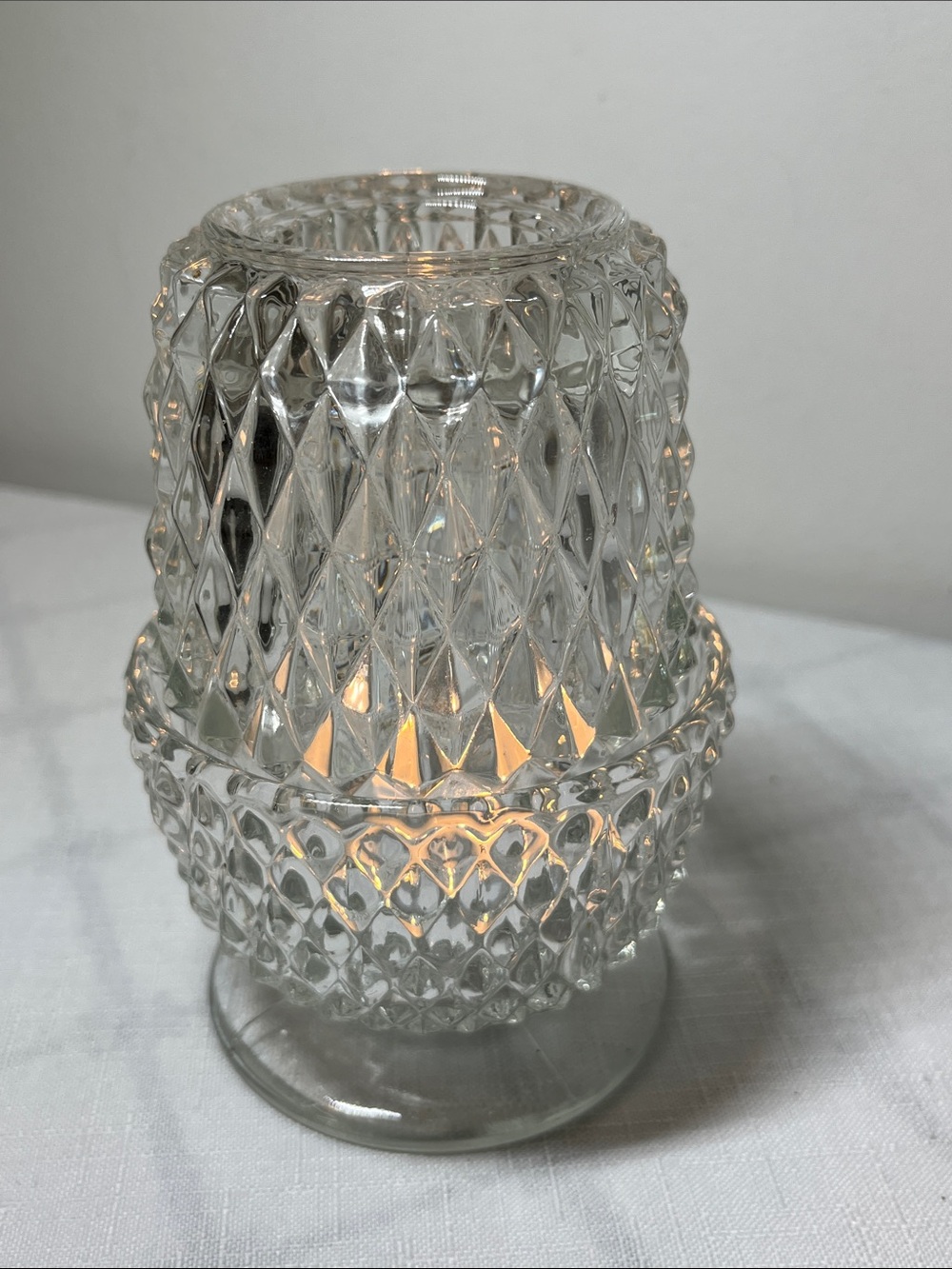 Vintage Indiana Glass Diamond Point Fairy Lamp
Clear Glass Candle Holder
5.25”